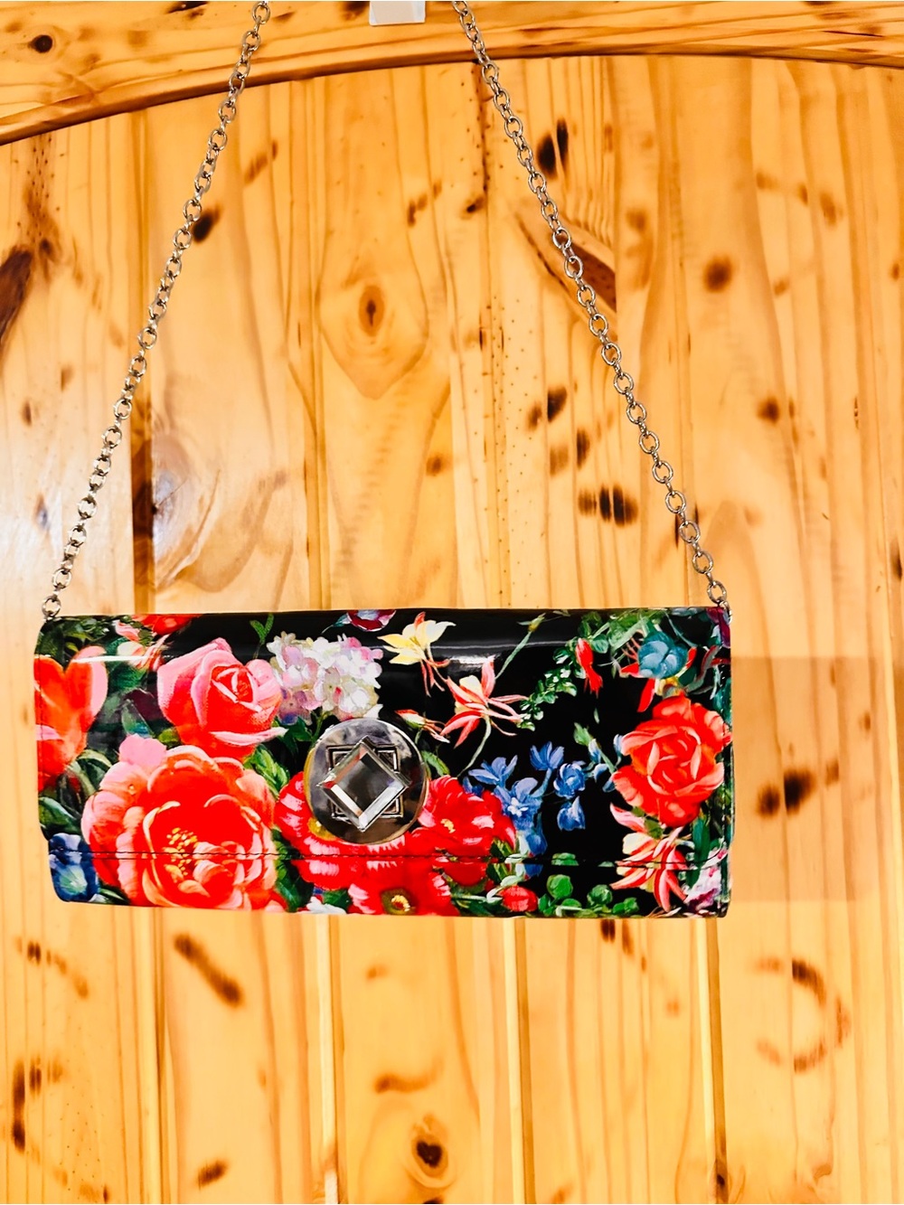 Floral Patent Leather Clutch with Chain Strap - Black & Multi